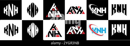 KNH letter logo design in six style. KNH polygon, circle, triangle, hexagon, flat and simple style with black and white color variation letter logo se Stock Vector