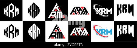 KRM letter logo design in six style. KRM polygon, circle, triangle, hexagon, flat and simple style with black and white color variation letter logo se Stock Vector