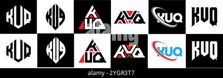 KUQ letter logo design in six style. KUQ polygon, circle, triangle, hexagon, flat and simple style with black and white color variation letter logo se Stock Vector