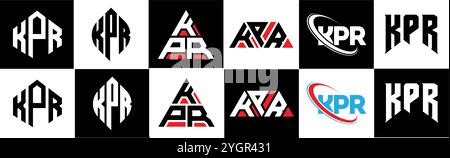 KPR letter logo design in six style. KPR polygon, circle, triangle, hexagon, flat and simple style with black and white color variation letter logo se Stock Vector