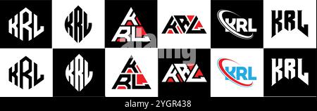 KRL letter logo design in six style. KRL polygon, circle, triangle, hexagon, flat and simple style with black and white color variation letter logo se Stock Vector