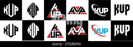 KUP letter logo design in six style. KUP polygon, circle, triangle, hexagon, flat and simple style with black and white color variation letter logo se Stock Vector