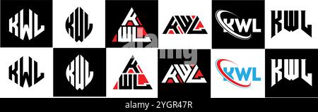 KWL letter logo design in six style. KWL polygon, circle, triangle, hexagon, flat and simple style with black and white color variation letter logo se Stock Vector
