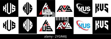 KUS letter logo design in six style. KUS polygon, circle, triangle, hexagon, flat and simple style with black and white color variation letter logo se Stock Vector