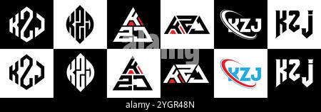 KZJ letter logo design in six style. KZJ polygon, circle, triangle, hexagon, flat and simple style with black and white color variation letter logo se Stock Vector
