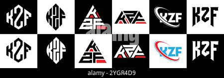 KZF letter logo design in six style. KZF polygon, circle, triangle, hexagon, flat and simple style with black and white color variation letter logo se Stock Vector
