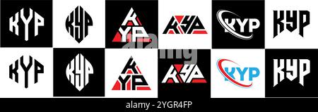 KYP letter logo design in six style. KYP polygon, circle, triangle, hexagon, flat and simple style with black and white color variation letter logo se Stock Vector