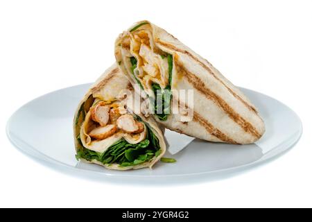 Chicken satay wrap on a plate - white background Stock Photo
