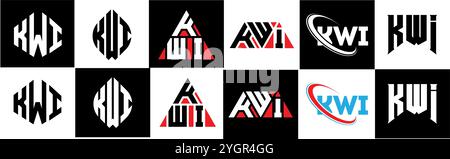KWI letter logo design in six style. KWI polygon, circle, triangle, hexagon, flat and simple style with black and white color variation letter logo se Stock Vector