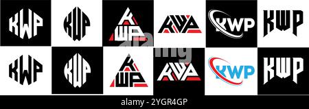 KWP letter logo design in six style. KWP polygon, circle, triangle, hexagon, flat and simple style with black and white color variation letter logo se Stock Vector