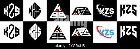 KZS letter logo design in six style. KZS polygon, circle, triangle, hexagon, flat and simple style with black and white color variation letter logo se Stock Vector