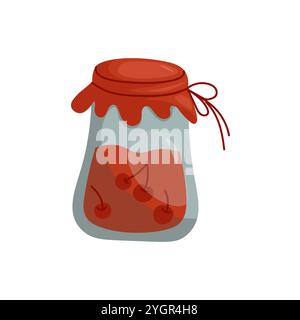 Strawberry jam in glass jar vector flat illustration. Homemade berry jelly cartoon icon. Stock Vector