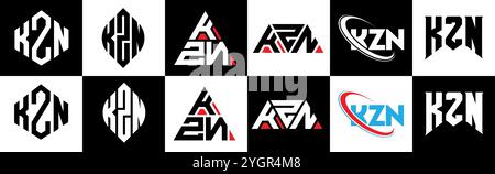 KZN letter logo design in six style. KZN polygon, circle, triangle, hexagon, flat and simple style with black and white color variation letter logo se Stock Vector