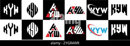KYW letter logo design in six style. KYW polygon, circle, triangle, hexagon, flat and simple style with black and white color variation letter logo se Stock Vector