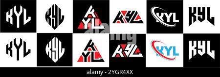 KYL letter logo design in six style. KYL polygon, circle, triangle, hexagon, flat and simple style with black and white color variation letter logo se Stock Vector
