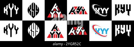 KYY letter logo design in six style. KYY polygon, circle, triangle, hexagon, flat and simple style with black and white color variation letter logo se Stock Vector