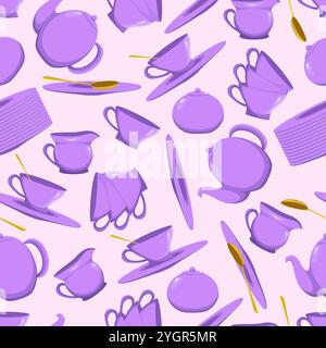 Seamless pattern with porcelain tea set items on light background Stock Vector