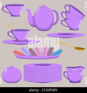 Vector illustration of porcelain teaware set on beige background Stock Vector