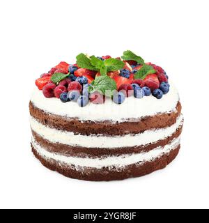 Delicious chocolate sponge cake with berries isolated white Stock Photo