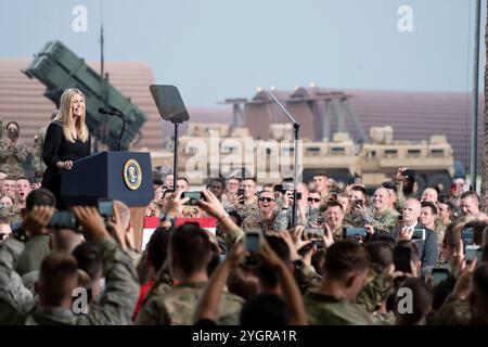 Pyeongtaek, South Korea. 30 June, 2019. U.S first daughter Ivanka Trump introduces her father, President Donald J. Trump to address service members during a visit to Osan Air Base, June 30, 2019, Pyeongtaek, Gyeonggi Province, South Korea.  Credit: Shealah Craighead/White House Photo/Alamy Live News Stock Photo