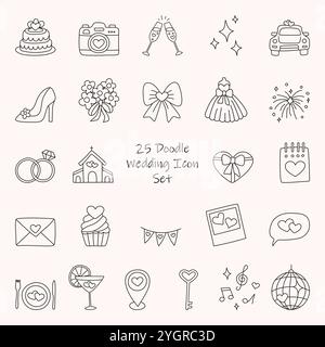 Wedding doodle icon set - heart, rings, glasses, car, church, bow, star, sparkle, dress, cake, geotag, envelope. Hand drawn vector marriage symbol for Stock Vector