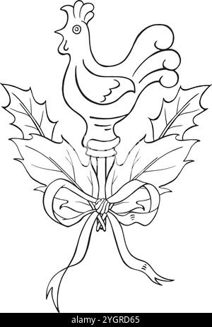 Lollipop cockerel, holly leaves and elegant bow. Christmas ink isolated vector illustration for winter card, seasonal decor, wrapping, greeting, pack Stock Vector