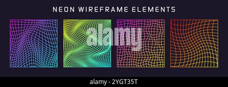 Colorful wireframe shapes, lined perspective mesh, 3d grid. Low poly geometric elements. Retro futuristic design elements, y2k, vaporwave and Stock Vector