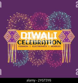 diwali festival celebration banner with fireworks and hanging lamps on purple background Stock Vector