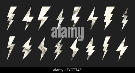Silver lightning bolt icons collection. Gold foil texture. Flash symbol ...