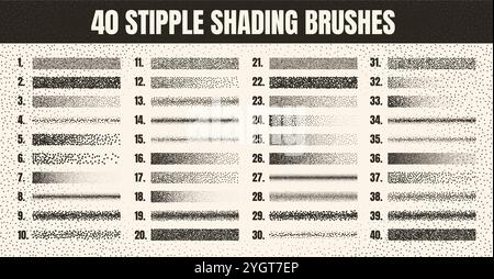 Stipple scatter brush, ink drawing and texturing. Fading gradient. Stippling, dotwork drawing, shading using dots. Halftone disintegration effect Stock Vector
