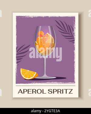 Cocktail retro poster. Aperol spritz with orange slices in glass. Tropical and exotic alcoholic drink and beverage. Flyer and booklet. Flat vector Stock Vector