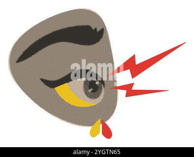 Eye with lightning and broken heart-tear, trendy y2k symbol, halftone pop art psychedelic sign, retro sticker with newspaper effect, 90s grunge illust Stock Vector