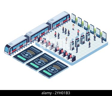 Isometric Metro Station with Commuters using Automated Fare Collection Systems. Automated Fare Collection Concept Stock Vector