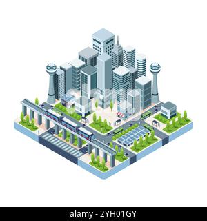 Isometric Metropolis Transportation System with Buses, Train, and Elevated Rail Transport. Metropolis Transportation System Concept Stock Vector