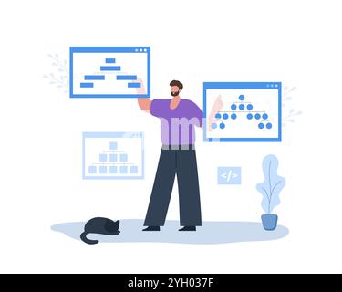 Sitemap Creation process. SEO optimization. Male Developer organizes site architecture. Diagram and structure website. Flowchart UI UX. Vector Stock Vector