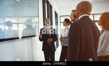 Meeting, planning and business people in office with finance statistics for revenue or capital gain. Presentation, data graph and team of financial Stock Photo