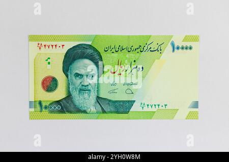 10,000 Iranian Rial Banknote Featuring Ayatollah Khomeini Portrait Stock Photo