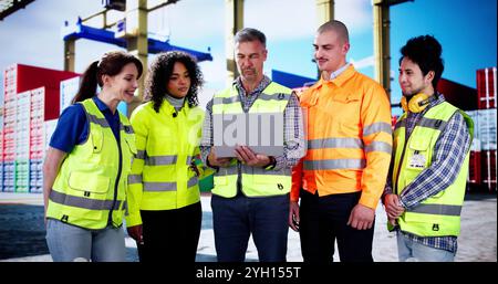 Team Solving Ship Port Problem. Teamwork Meeting Stock Photo