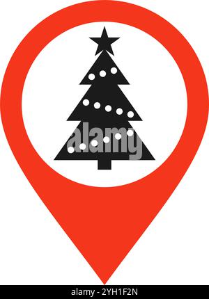 Christmas location icon. Christmas tree and map pin. Xmas market sign. Holiday place red symbol. Vector illustration isolated on white background Stock Vector