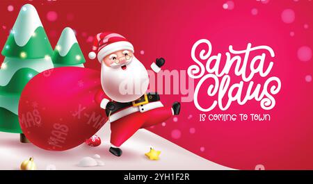 Santa claus christmas character vector design. Christmas santa claus character, mascot and costume holding gift sack in snow winter background. Vector Stock Vector