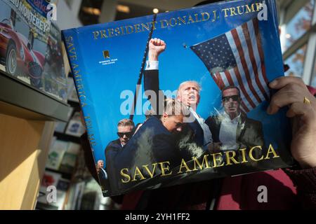 A customer browses the book "Save America" by Donald J. Trump, which offers a look at his first term and a vision for his next term, at a bookstore in... Stock Photo