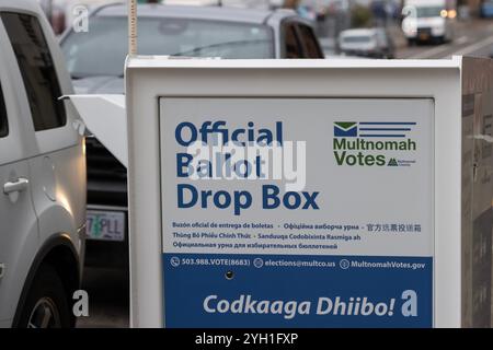 An official ballot drop box by the curbside on Election Day. Translations of 'Official Ballot Drop Box' in multiple foreign languages are seen below. Stock Photo