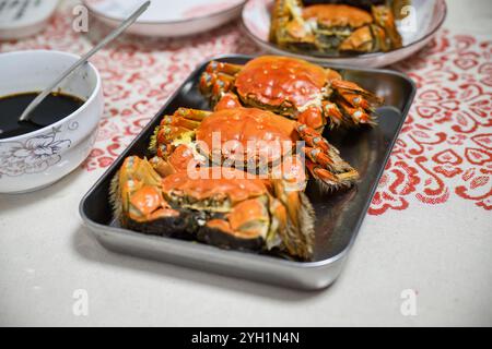 Delicious Yangcheng lake hairy crabs for family dinner. Stock Photo