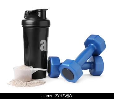 Protein powder, shaker and dumbbells isolated on white Stock Photo