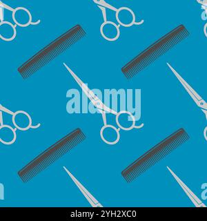 Vector Silhouettes of hairdressing accessories isolated on blue background. Hairdresser tool. Scissors, comb, hairbrush for barbershop. Seamless patte Stock Vector