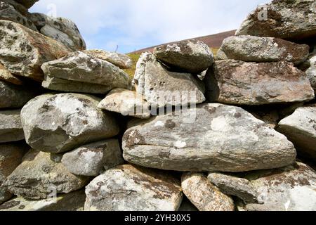 close up of stone wall construction of a ruined house in slievemore deserted village achill island, county mayo, republic of ireland Stock Photo