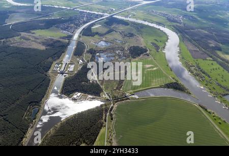 Saxony-Anhalt, Elbe, Mittelland Canal, waterway junction, aerial view, aerial photo, lock, ship lift, inland navigation, Niegripper connecting canal, Stock Photo