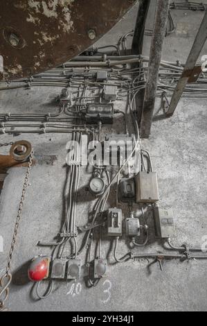 Light and emergency switches and fuses for the production hall of a metal powder mill, founded in 1900, Igensdorf, Upper Franconia, Bavaria, Germany, Stock Photo