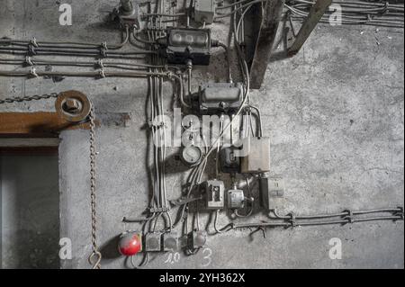 Light and emergency switches and fuses for the production hall of a metal powder mill, founded in 1900, Igensdorf, Upper Franconia, Bavaria, Germany, Stock Photo