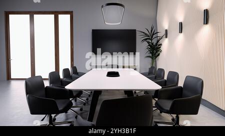 Stylish conference room is set up with a long white table surrounded by black chairs. Natural light streams through two large windows, enhancing the c Stock Photo